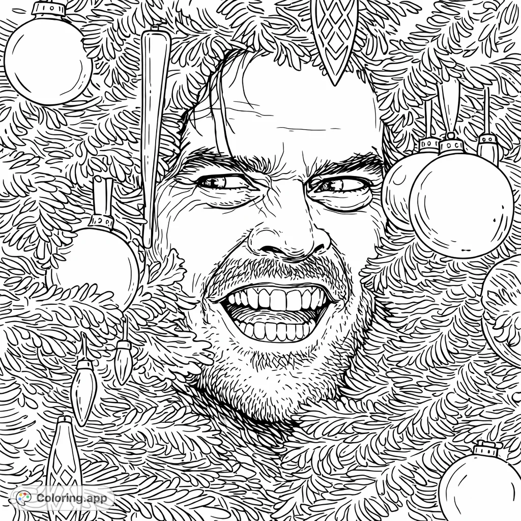 An unsettling horror holiday coloring page featuring a man's manic grin peeking through dense evergreen branches adorned with festive ornaments.