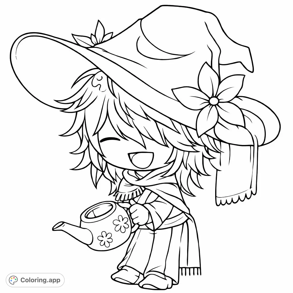 A charming chibi witch, complete with a floral hat and scarf, happily tends to plants with a decorative watering can. A delightful fantasy scene.
