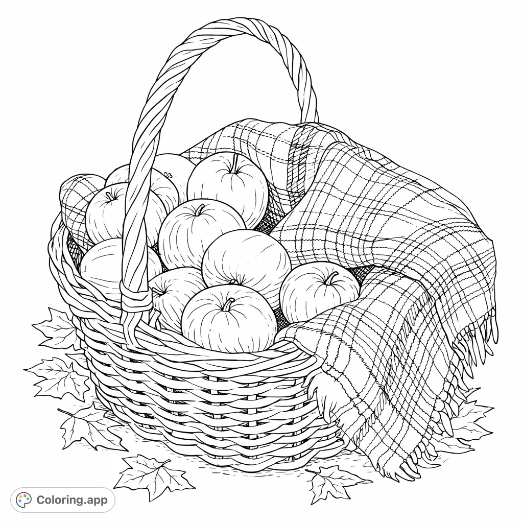A charming coloring page featuring a woven basket overflowing with crisp apples, nestled amongst a cozy plaid blanket and fallen leaves. Perfect for autumn scenes.