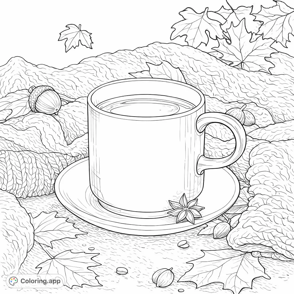 Discover a delightful autumn scene featuring a warm mug surrounded by textured fabrics and fallen leaves. A perfect fall coloring page to relax and unwind.
