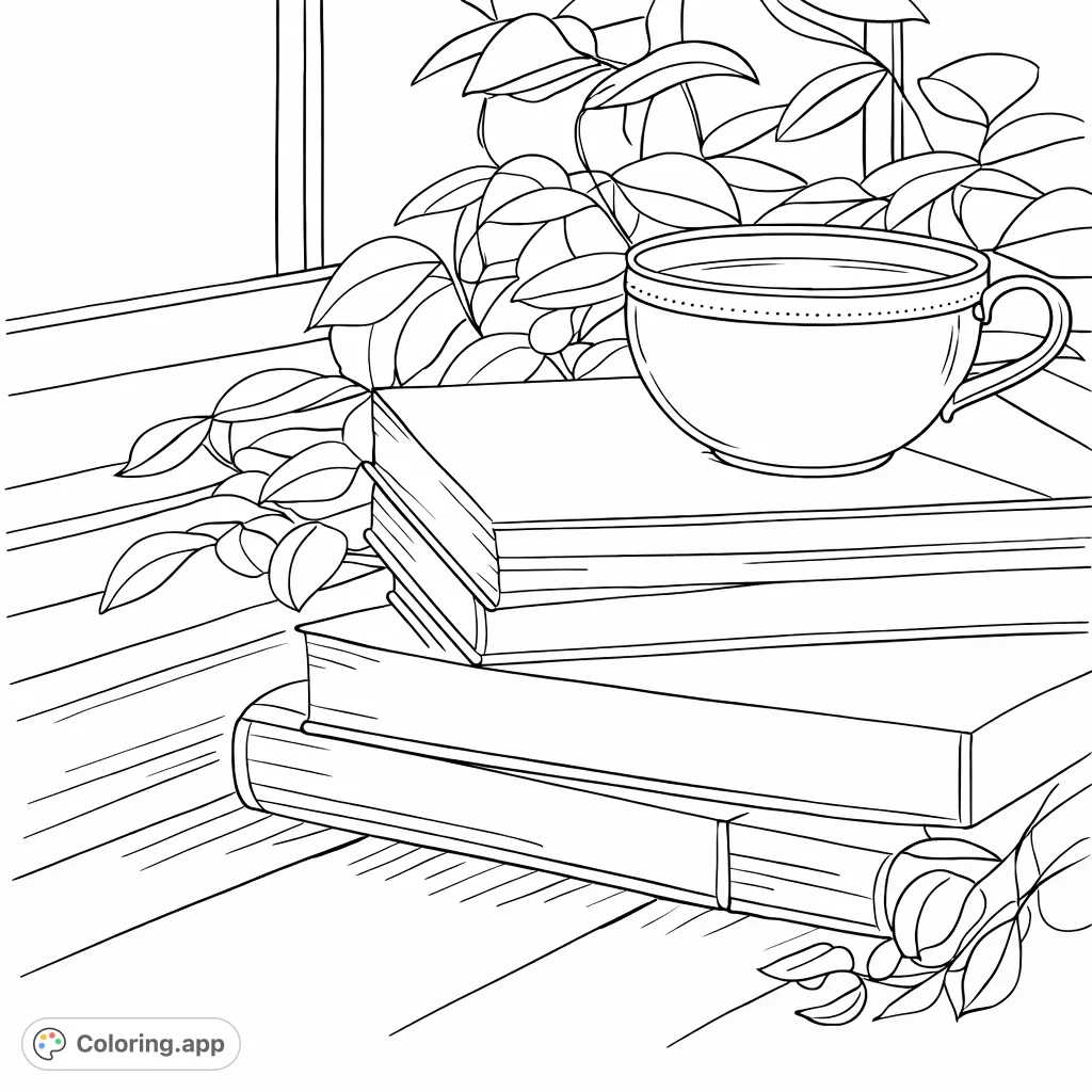 A serene coloring page featuring a teacup perched atop a stack of books by a sunlit window with a leafy plant. Perfect for relaxation and creative expression.