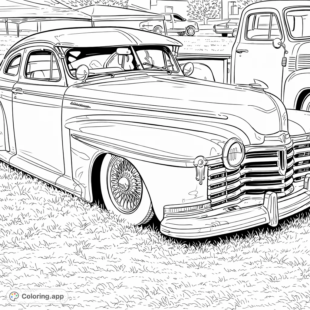 Color a stunning vintage American coupe with intricate chrome details, wire wheels, and a classic silhouette, perfect for car enthusiasts and detail-oriented colorists.