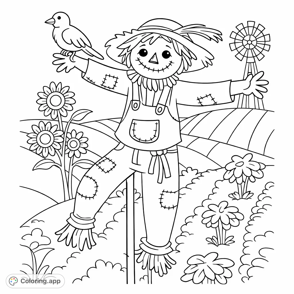 A charming scarecrow with a bird friend, surrounded by sunflowers, rolling fields, and a windmill. Perfect for a cozy farm scene.