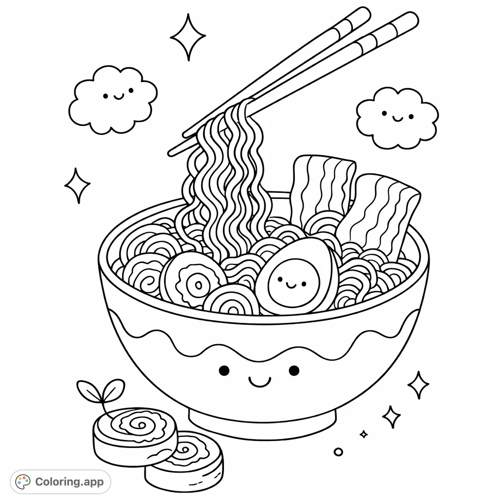 Dive into a delightful ramen coloring page featuring a smiling noodle bowl, happy eggs, and swirling garnishes, perfect for a fun and creative escape.