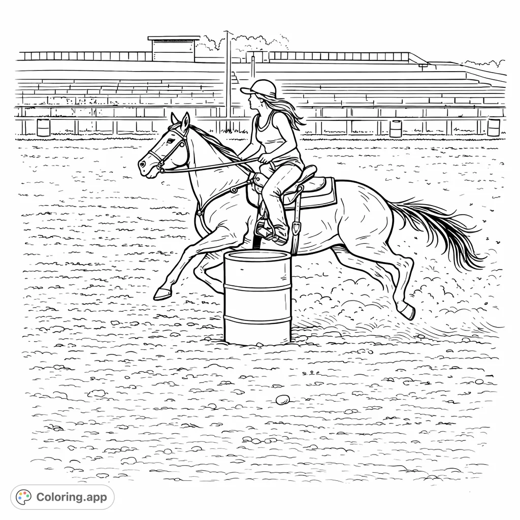 Experience the thrill of barrel racing! A horse and rider in a sharp turn, kicking up dust in an arena, captured in dynamic action.