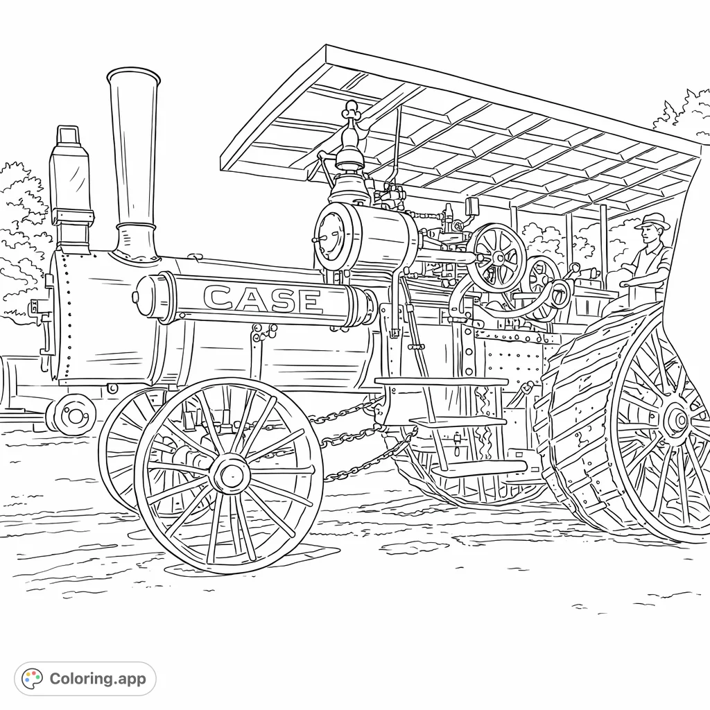 Capture the grandeur of a vintage steam tractor, featuring intricate machinery, towering smokestack, and powerful wheels. A nostalgic farm scene for all ages.
