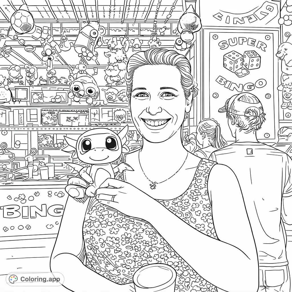 Capture the joy of a carnival! A smiling woman holds a whimsical plush toy in front of a bustling game booth filled with prizes.