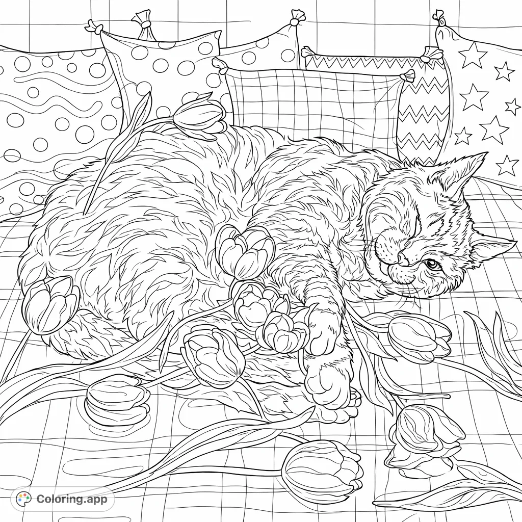 A peaceful cat sleeps amidst beautiful spring flowers and patterned pillows. This intricate design offers a calming and detailed coloring experience for animal lovers.