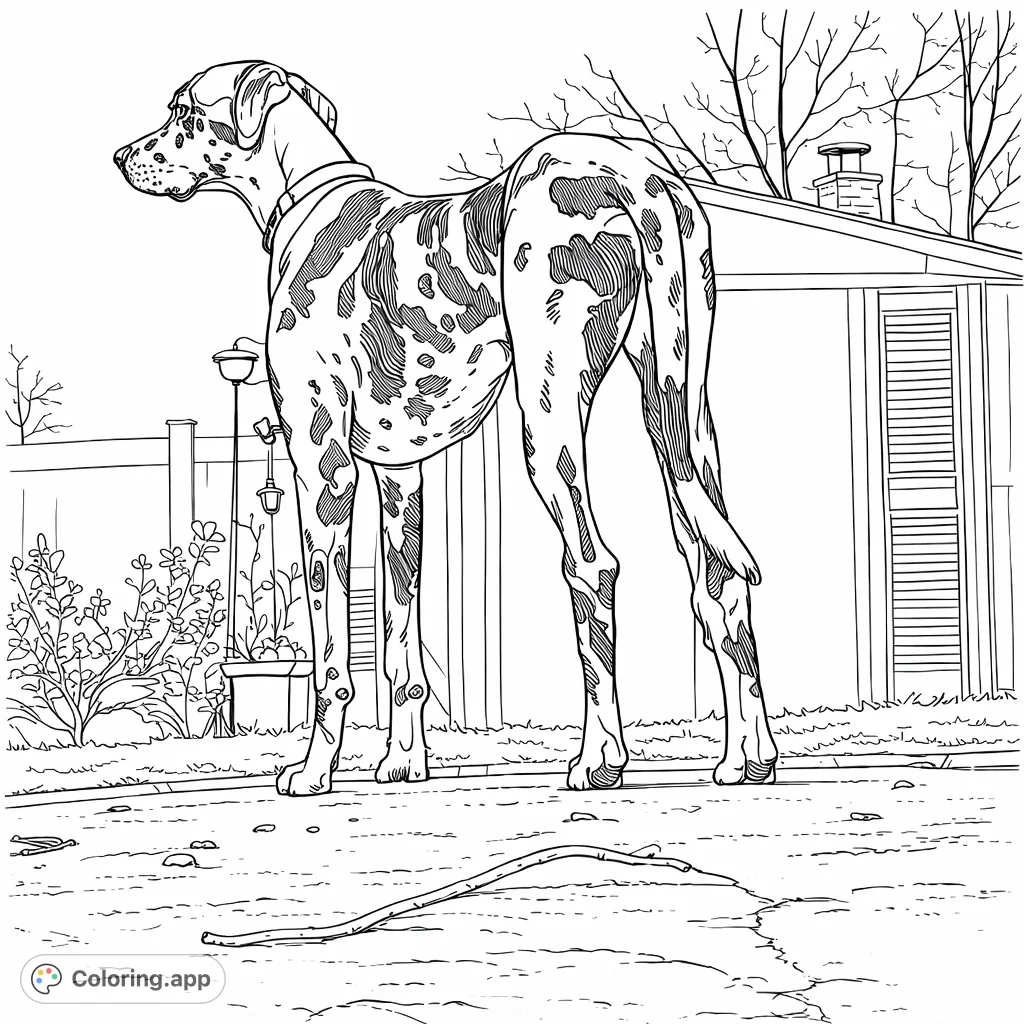 Color a magnificent Great Dane with its striking spotted coat, standing attentively in a peaceful backyard setting. A challenging and rewarding canine coloring page.