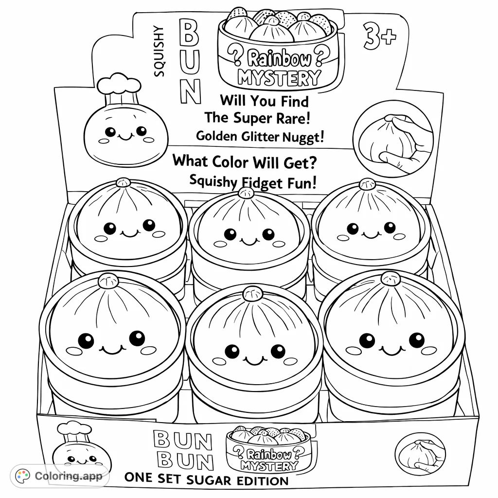 A delightful collection of six squishy bun characters, each with a charming face, nestled in steamer-like containers. Perfect for a fun, creative coloring experience!