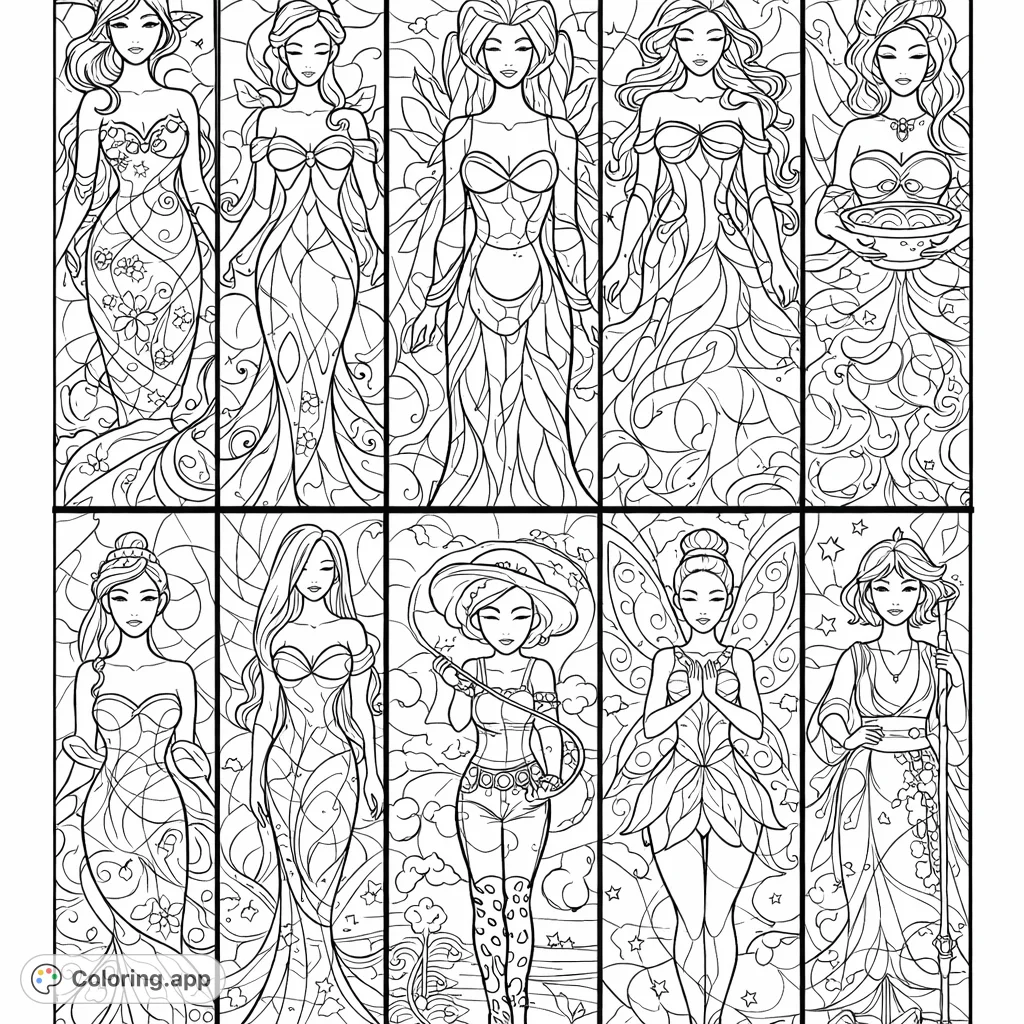Immerse yourself in a grand gallery of ten iconic characters presented in a unique stained-glass style, offering intricate details for a challenging coloring experience.