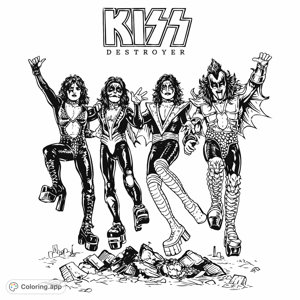 Unleash your inner rockstar! Color the iconic KISS band members in their elaborate Destroyer era costumes, posing dynamically on a desolate, dramatic landscape.