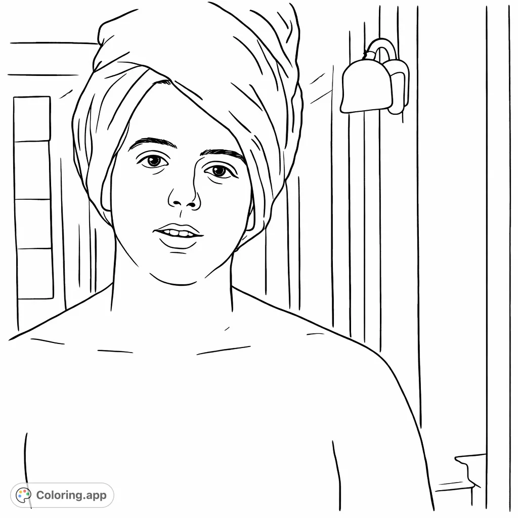 A casual portrait of a person with a towel wrapped around their head, featuring bare shoulders and a relaxed expression in an indoor setting.