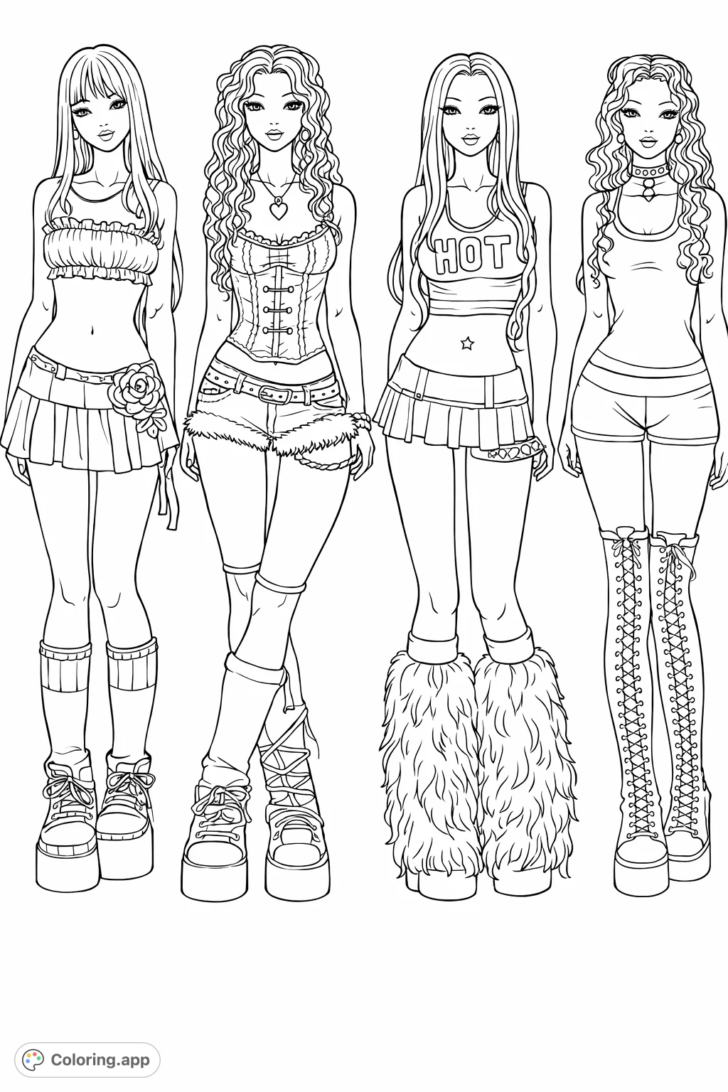 Explore modern fashion with four trendy figures, each boasting unique outfits and accessories. A detailed fashion coloring page for creative expression.