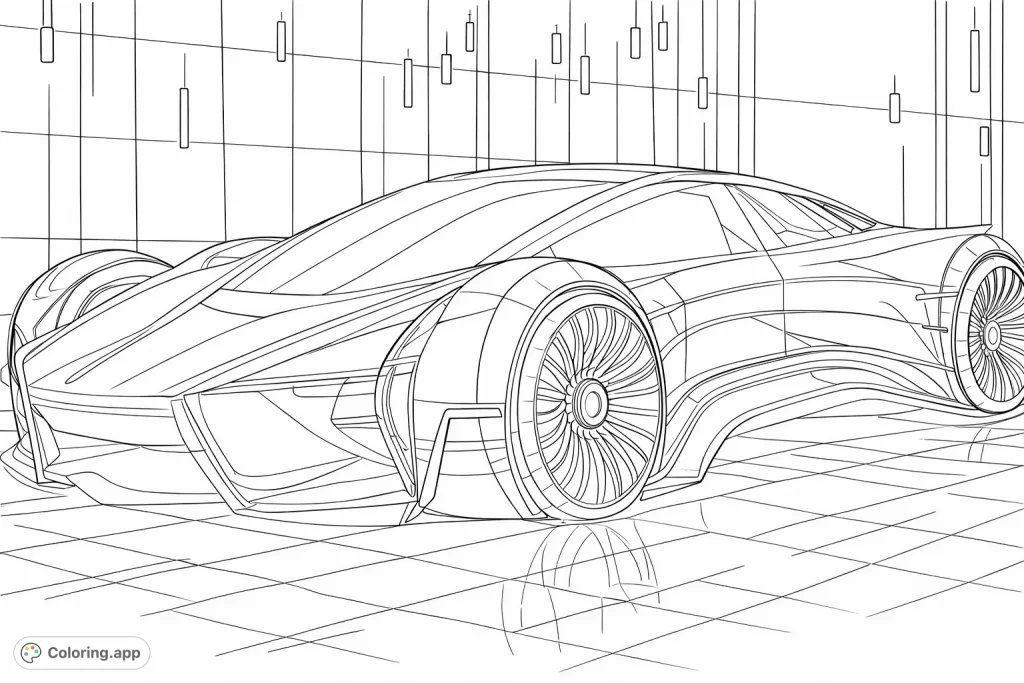 Immerse yourself in the future with this sleek futuristic sports car coloring page. Detailed lines and an urban backdrop await your creative touch!