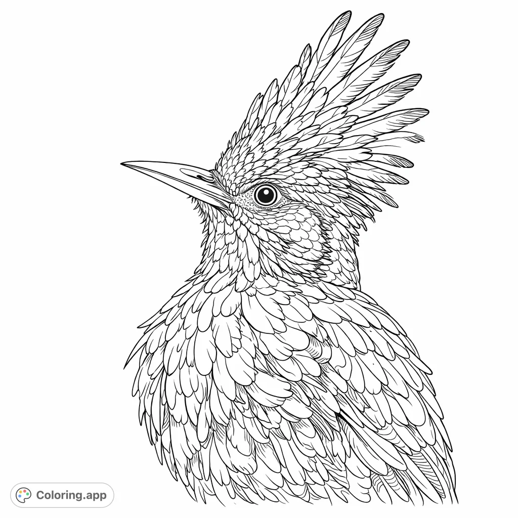 An exotic bird with an elaborate crest and richly patterned feathers. A captivating design for all ages to color and bring to life with imagination.