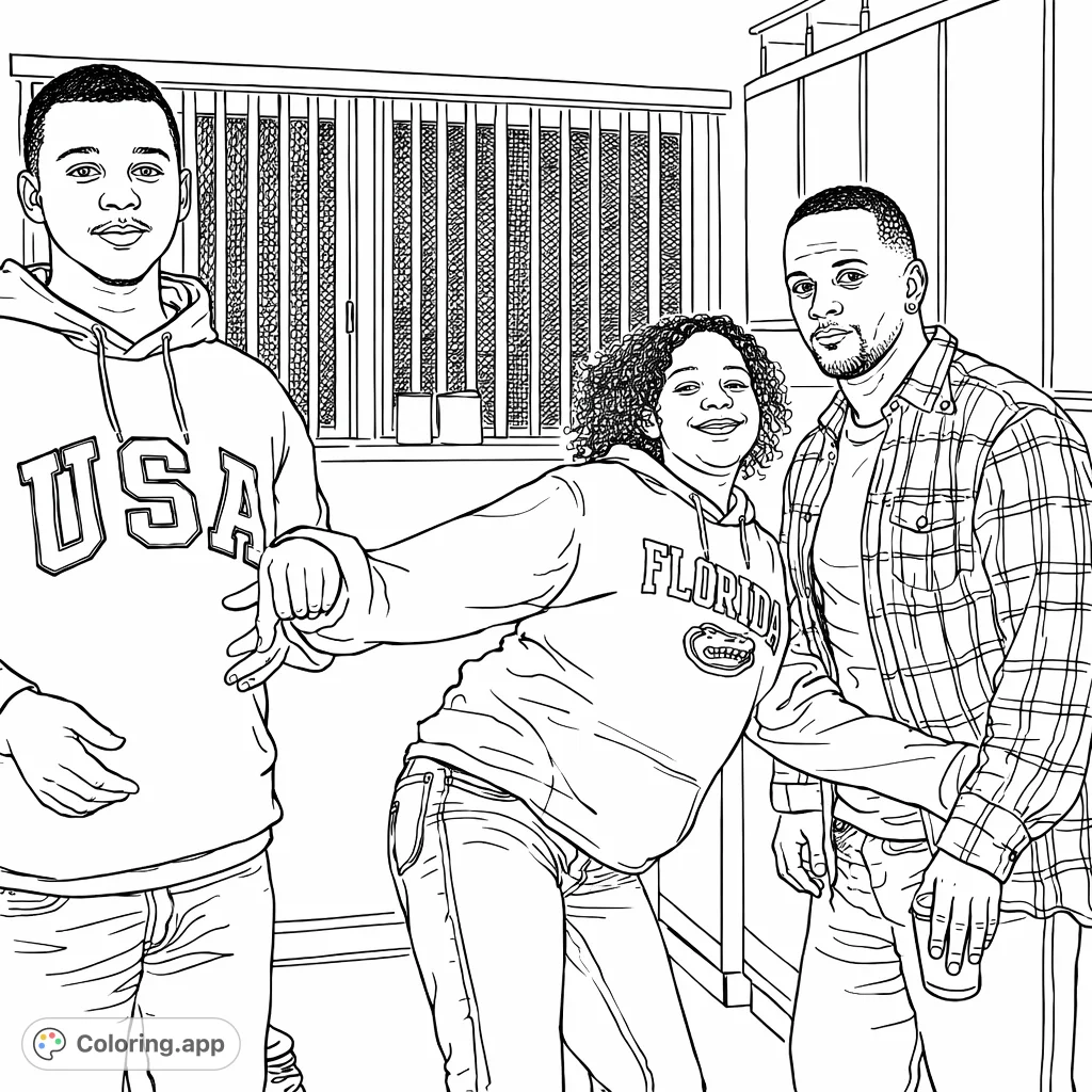 Capture the warmth of friendship with this joyful group portrait coloring page, featuring three smiling individuals in a casual indoor setting.