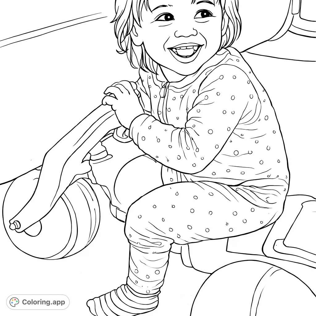 A cheerful child enjoys a ride on a fun toy motorcycle. This delightful coloring page captures pure childhood joy, perfect for inspiring smiles and creativity.