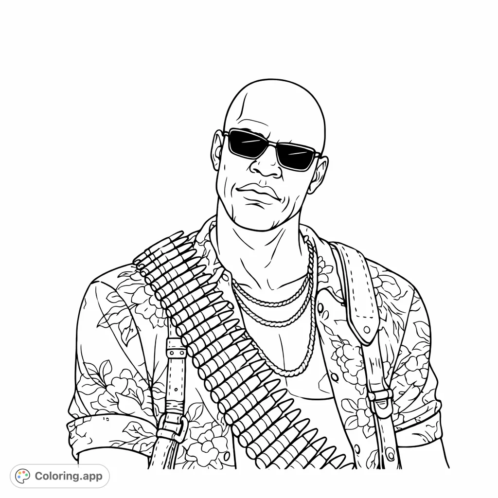 Color a bold character portrait featuring a bald man in a floral shirt, sunglasses, and an ammunition bandolier. A detailed and engaging coloring experience.