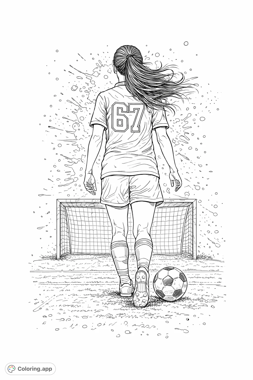An action-packed soccer player coloring page, featuring a female athlete with jersey number 67, a goal, and a realistic soccer field.