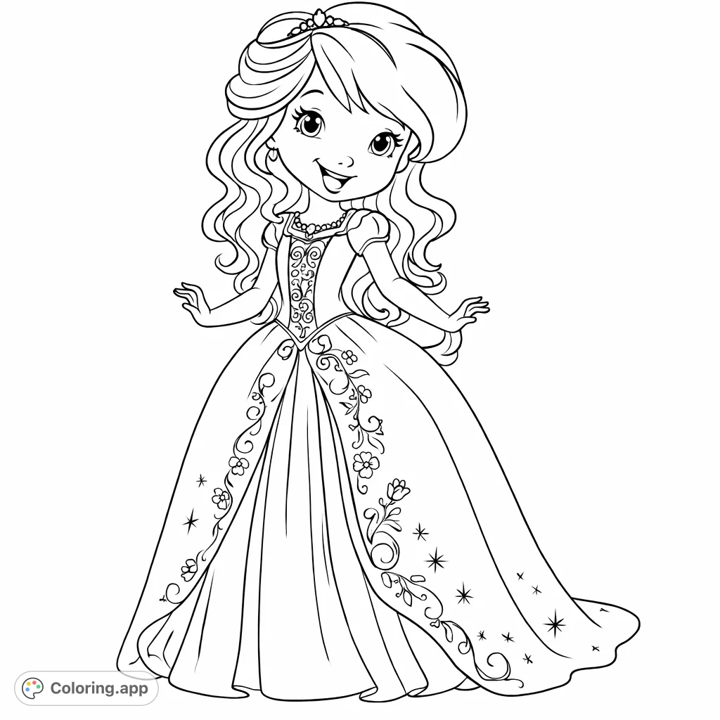 A delightful princess character in a detailed, flowing gown, complete with a tiny crown and whimsical patterns, perfect for imaginative coloring.