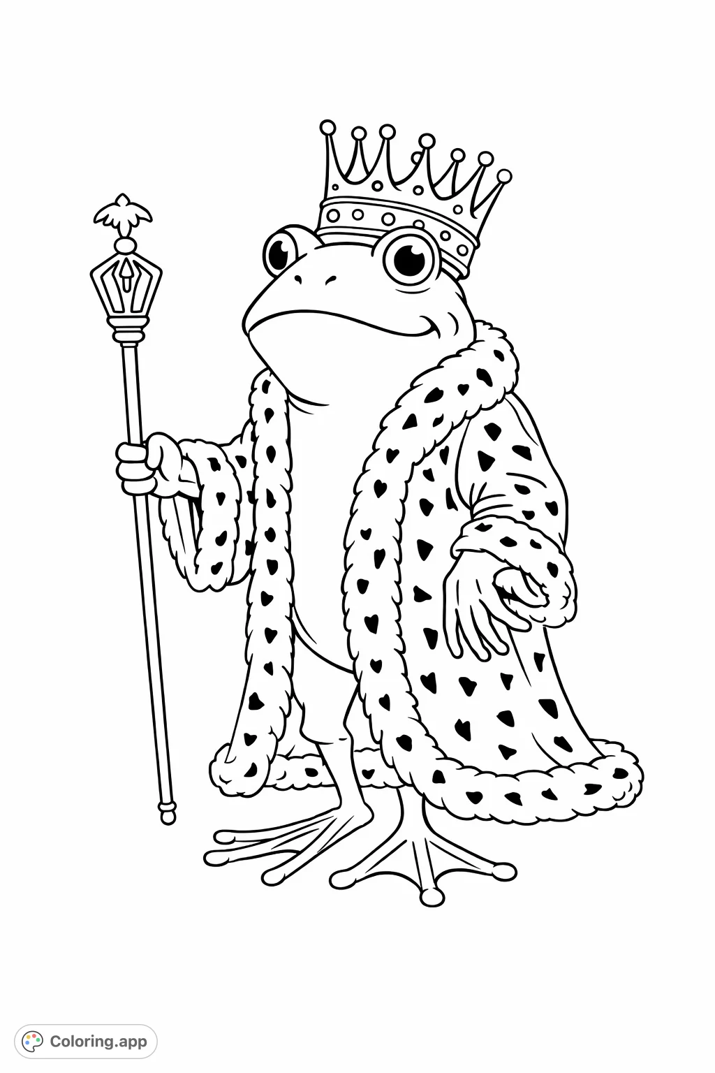 A charming frog king adorned with an ornate crown, royal robe, and majestic scepter, ready for a grand fairytale adventure. Perfect for fantasy enthusiasts.