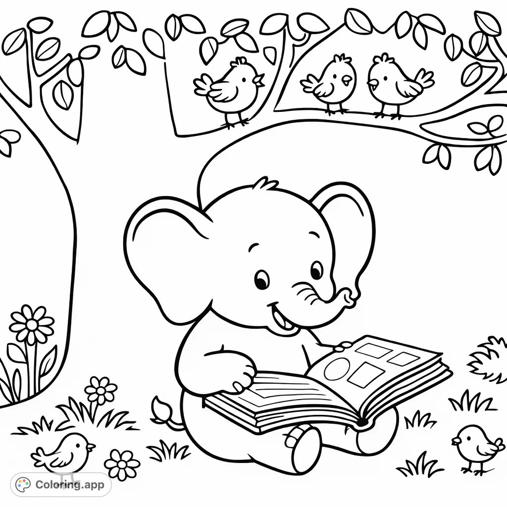 A charming baby elephant reads a book of shapes under a tree, surrounded by cheerful birds and flowers. A delightful scene for young colorists.