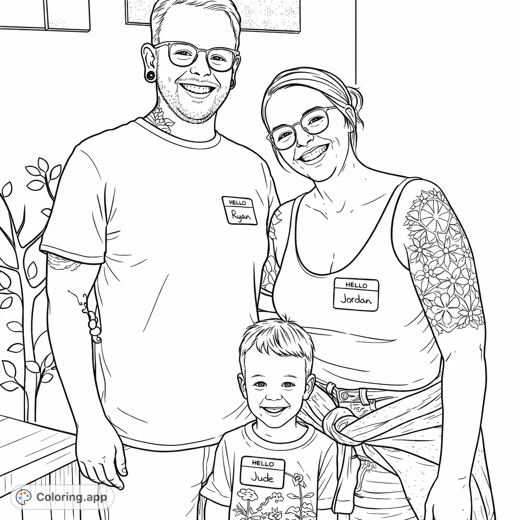 Capture a heartwarming family moment! This family portrait coloring page features two adults and a child, all smiling, with intricate tattoos and a cheerful backdrop.