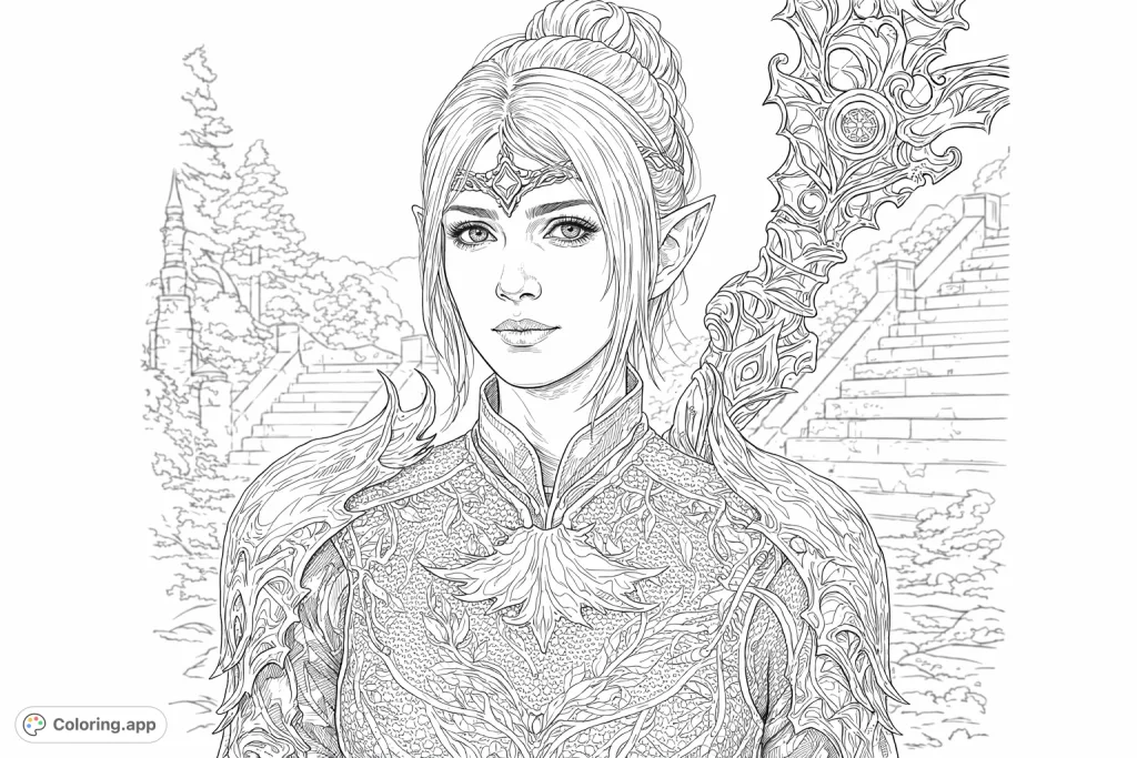 Detailed portrait of an elven warrior, adorned in intricate leaf-patterned armor and a decorative circlet. A complex, ornate staff rests over her shoulder.
