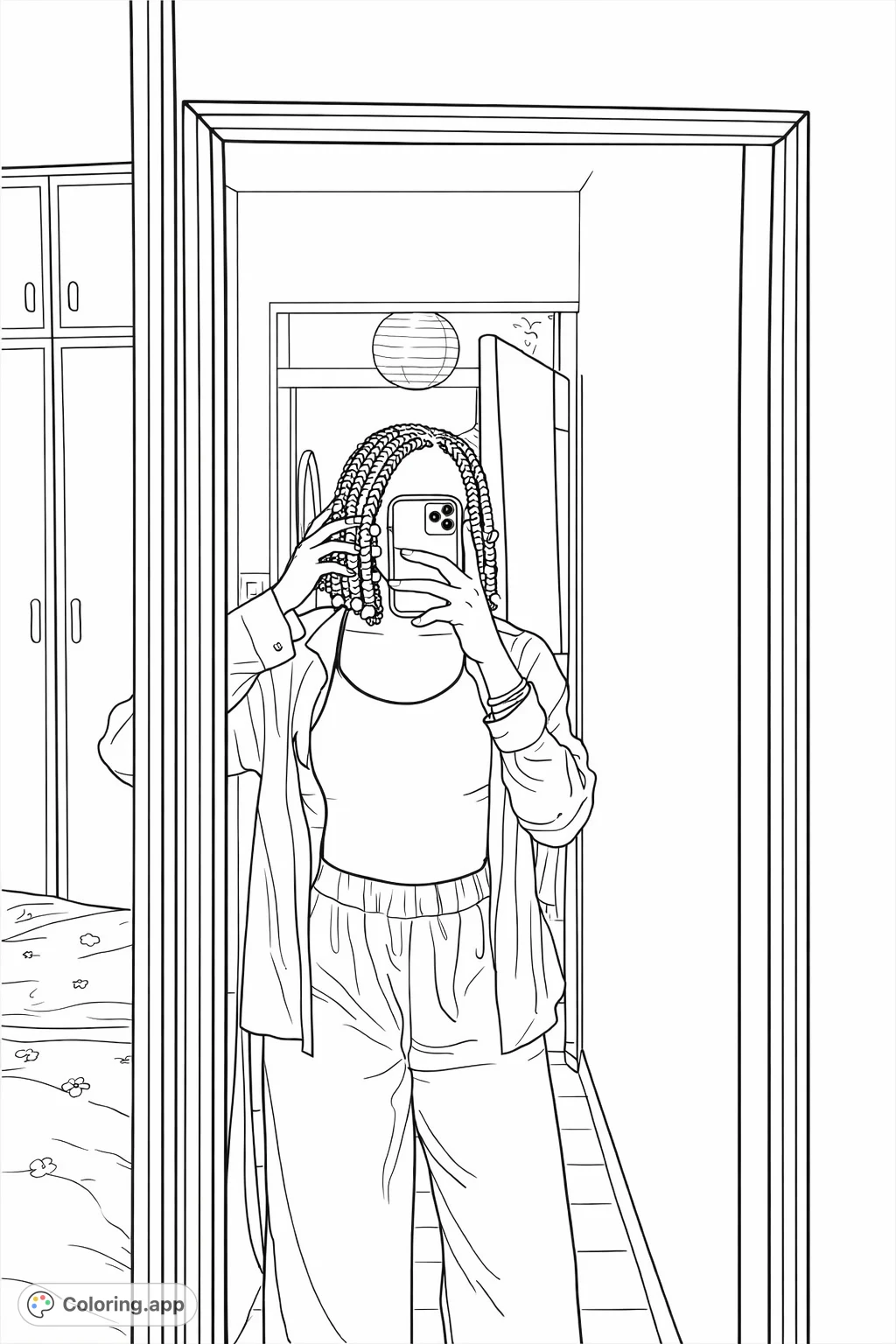 Capture a trendy mirror selfie scene featuring a figure in modern attire, complete with unique hair beads and a stylish bedroom backdrop.