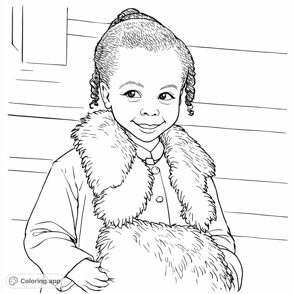 A heartwarming vintage portrait coloring page featuring a young child in a cozy, fluffy-collared coat and hand muff against a rustic background. Timeless charm awaits!