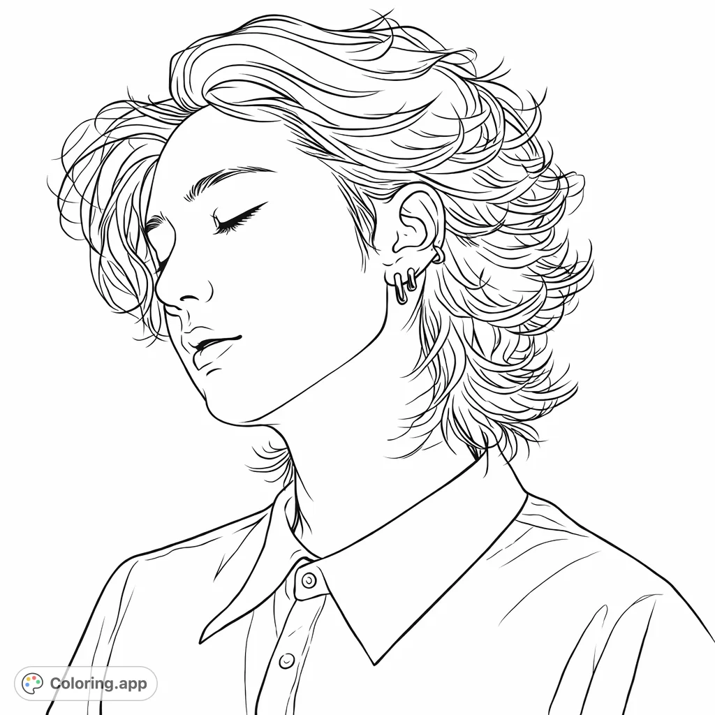 Capture a moment of quiet introspection with this portrait featuring textured hair and a classic collared shirt. Ideal for expressive coloring.