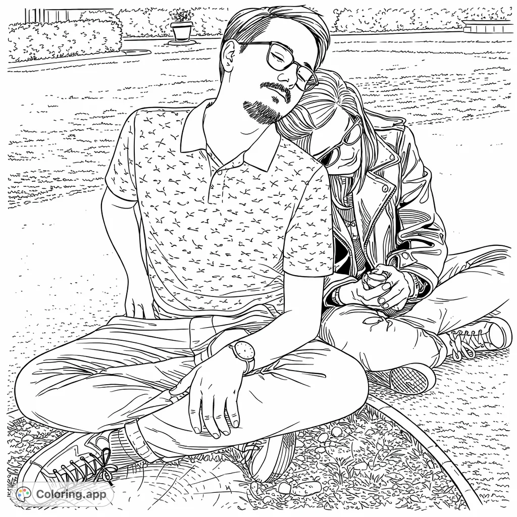 A serene coloring page featuring a couple relaxing together outdoors. The man wears glasses, and the woman rests her head on his shoulder, capturing a moment of peace.