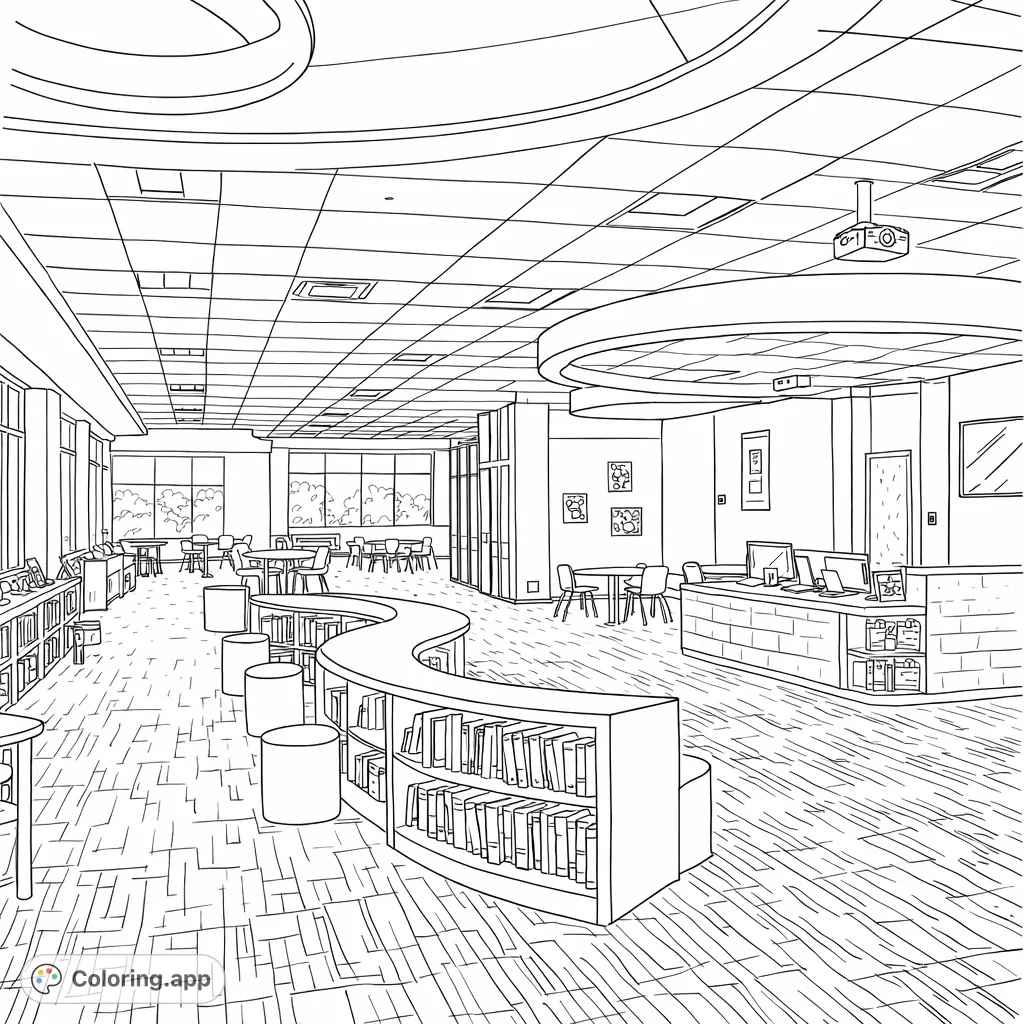 Discover a vibrant modern library with flowing bookshelves, inviting seating, and architectural details. A creative space ready for your unique palette and focus.