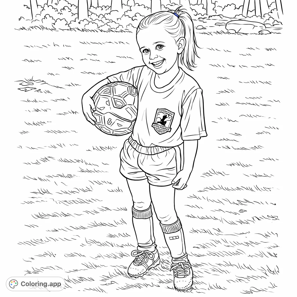 A joyful child in athletic gear holds a soccer ball, ready for play. Perfect for young sports enthusiasts to personalize with their favorite team colors!