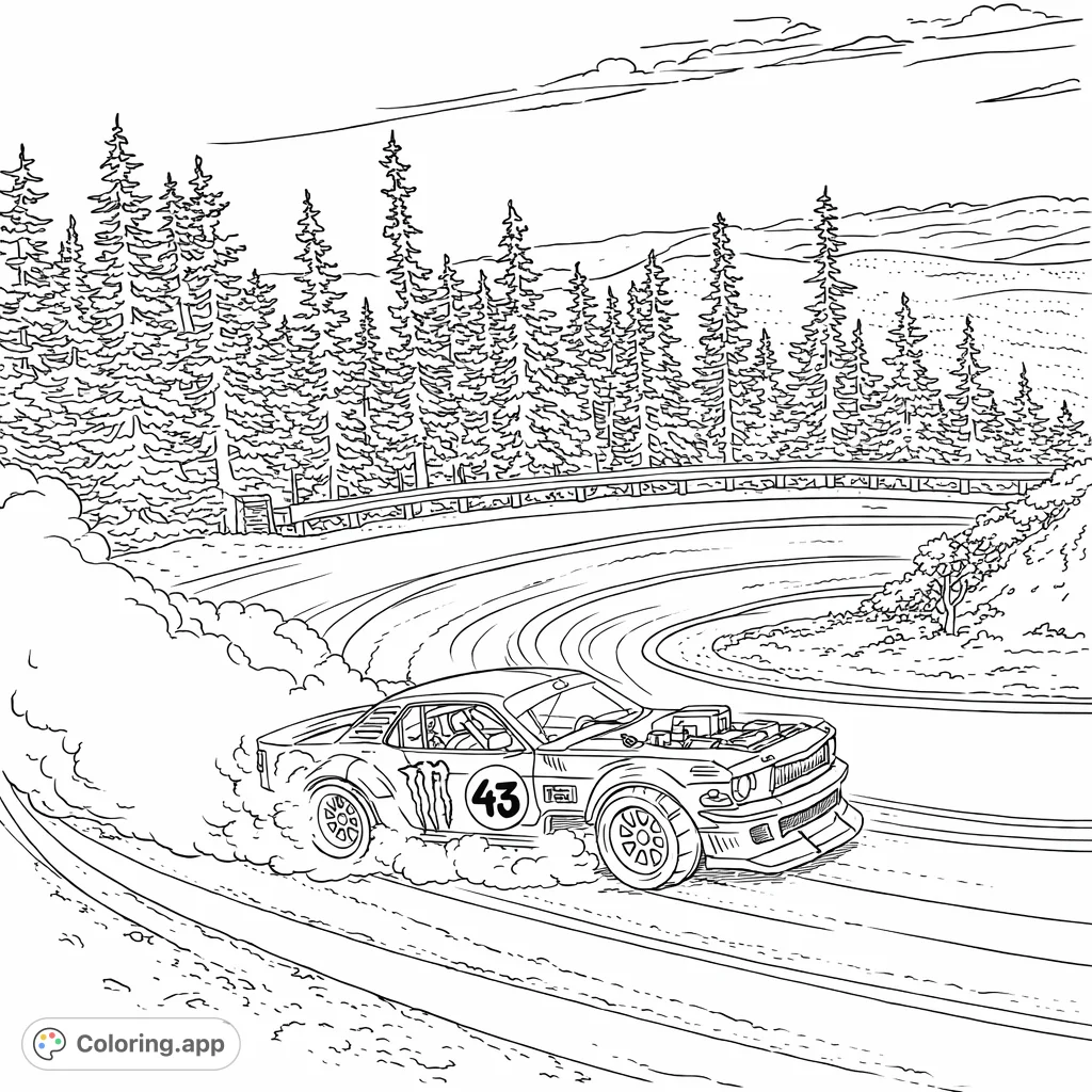 Experience the thrill of a high-performance drift car navigating a challenging mountain road amidst a dense forest. Perfect for car enthusiasts and speed lovers!