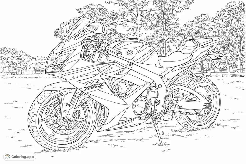 Color a detailed sport motorcycle with intricate fairings and engine components, parked in a grassy field with trees. Perfect for vehicle enthusiasts and motor-sport fans.