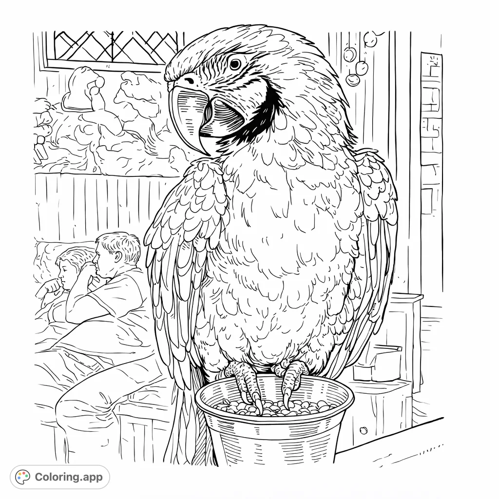 Color a magnificent macaw perched on a feeder, capturing its intricate feather patterns and expressive features against a subtle indoor backdrop. Perfect for bird lovers.