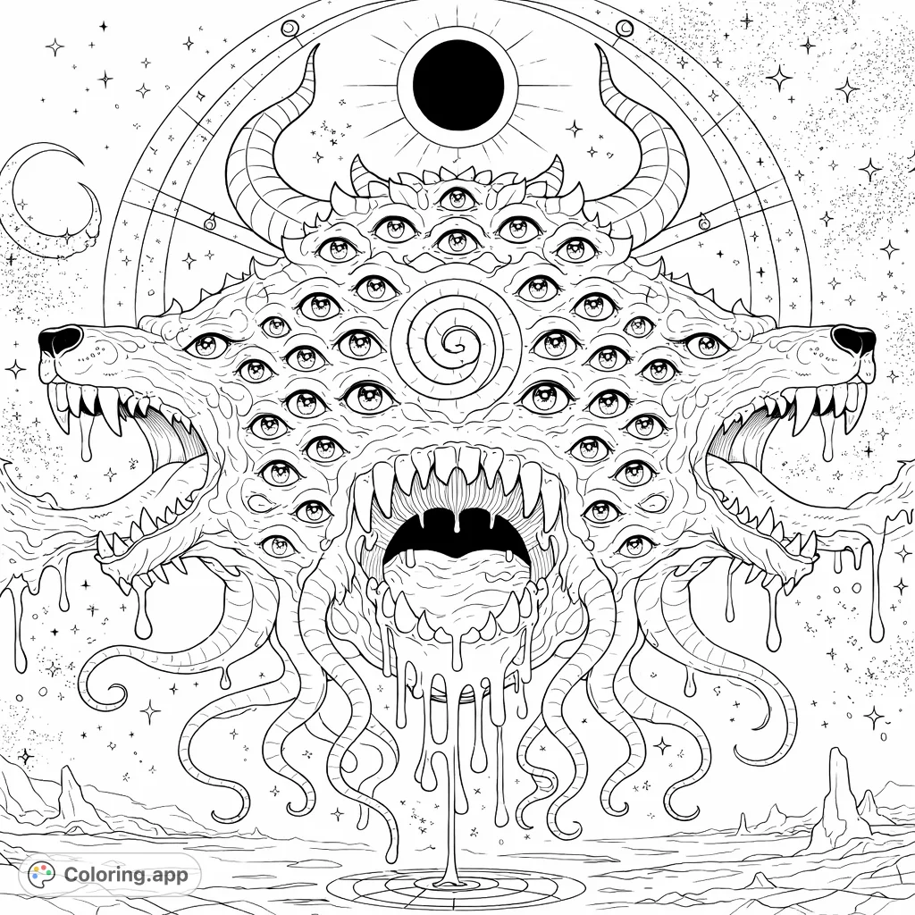 Unleash your creativity on this terrifying eldritch abomination. A multi-headed beast with countless eyes, sharp teeth, and tentacles emerges from a cosmic landscape under an eclipse.
