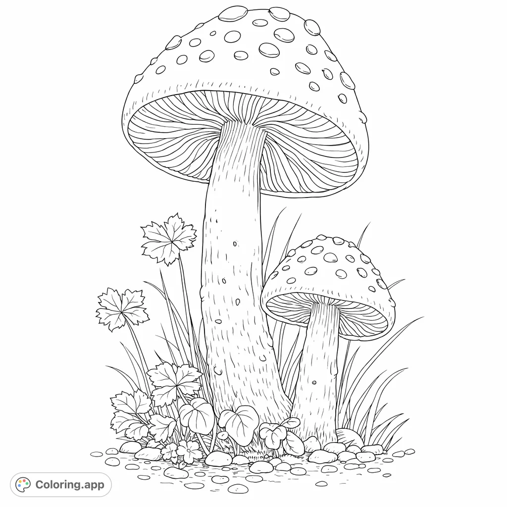 Explore a detailed forest scene with two charming mushrooms, surrounded by intricate foliage and pebbles. A whimsical nature-themed coloring page for all ages.