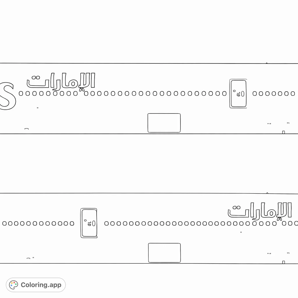Explore an aircraft fuselage coloring page, featuring a detailed row of windows, unique script, and structural panels. Perfect for aviation enthusiasts!