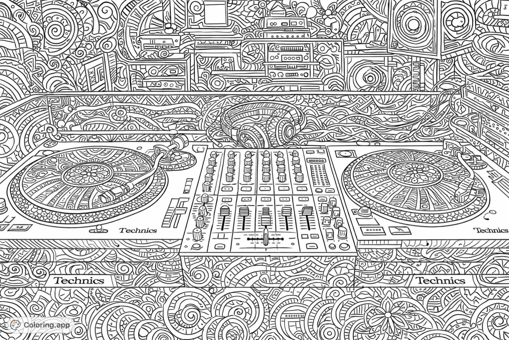 Dive into the intricate world of a DJ's workspace. This detailed coloring page features turntables, a mixer, and headphones, perfect for music lovers seeking complex designs.