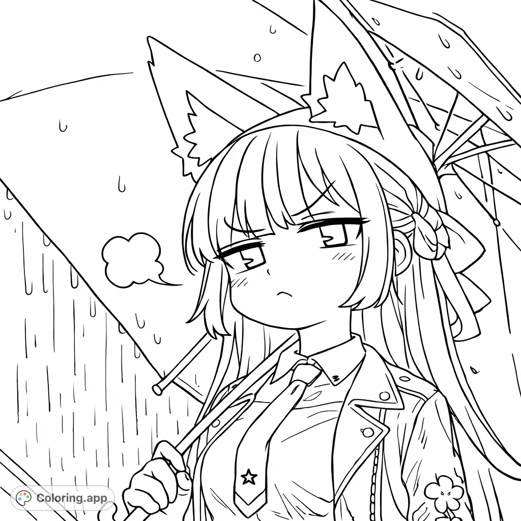 An anime character with animal ears pouts under an umbrella in the rain, featuring a detailed jacket and expressive face. Perfect for anime fans and creative coloring.
