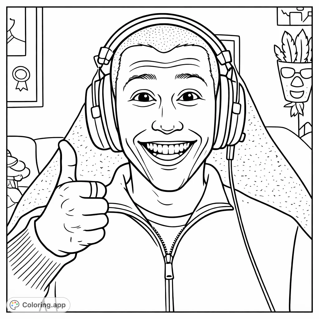 A cheerful person with headphones gives a thumbs-up, offering a positive vibe. Perfect for a quick, mood-boosting coloring session with bold outlines.