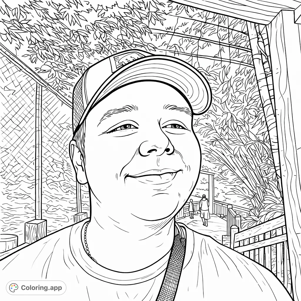 A friendly person wearing a cap, smiling in an outdoor setting with lush foliage, a detailed fence, and a wooden pathway. Explore nature and design!