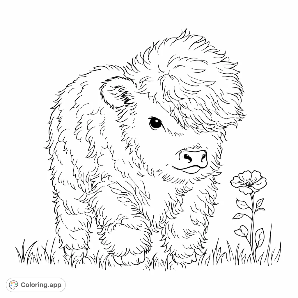 A delightful fluffy calf stands amidst grass with a delicate flower nearby. Perfect for bringing to life with your favorite colors!
