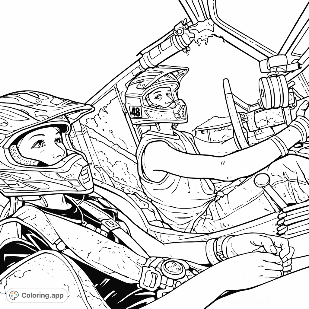 Gear up for an adventurous off-road coloring experience! Two helmeted riders are captured inside a rugged, mud-splattered vehicle, ready for action.