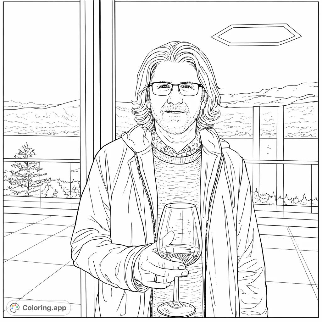 A sophisticated man holding a glass, standing before a breathtaking panoramic view of mountains and a serene lake. Perfect for detailed coloring.