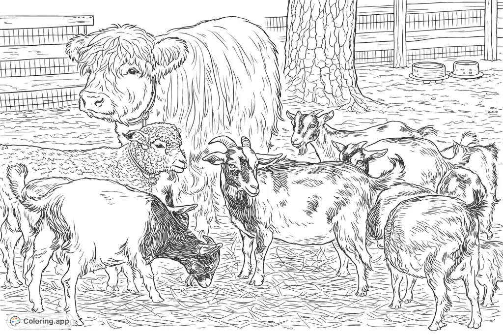 Explore a lively farm scene featuring a shaggy bovine, playful goats, and a sheep. Perfect for animal lovers of all ages to personalize with their favorite hues.