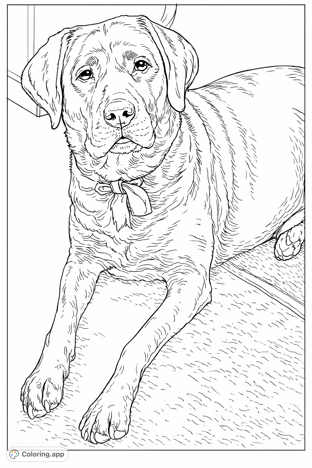A gentle dog rests on a textured floor, looking patiently towards the viewer. Perfect for dog lovers to color and personalize.